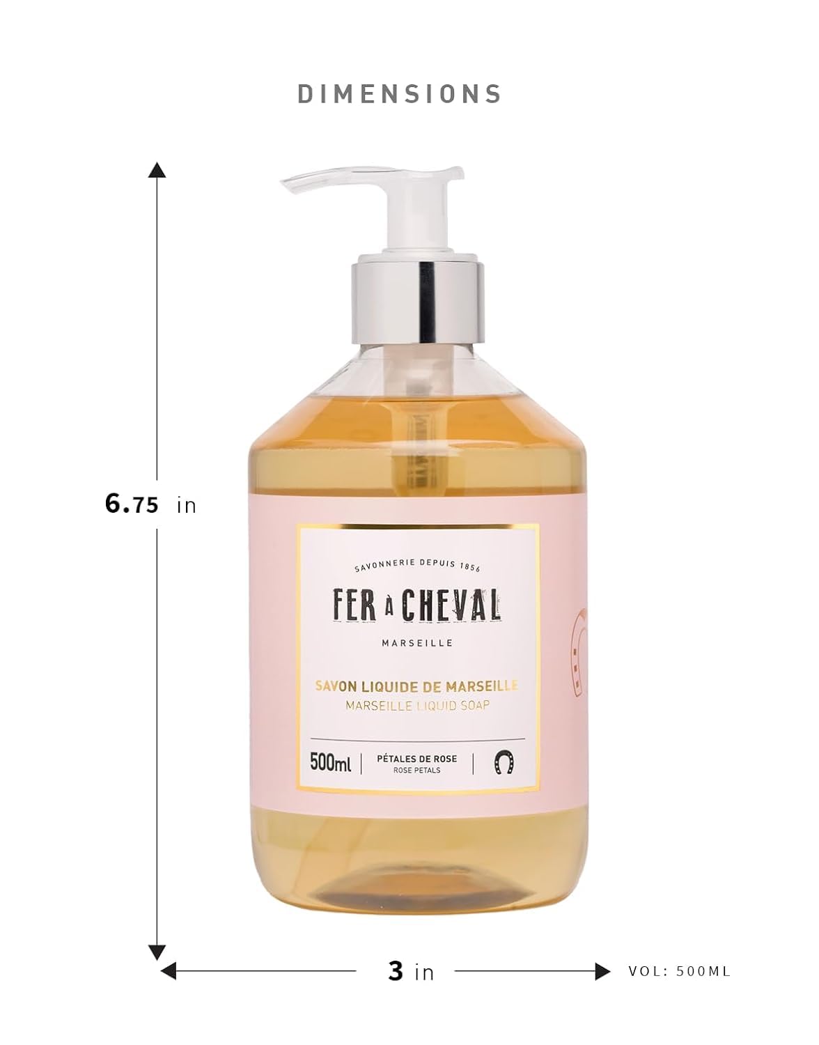 Fer  Cheval Marseille Liquid Soap Rose Petal - Hydrating Hand Soap with Argan & Coconut Oil, No SLS/Parabens, 2-Pack, 500 ml/16.