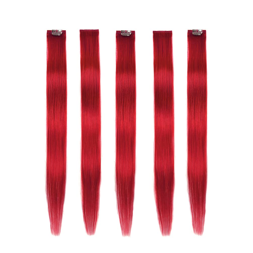 Winsky Red Hair Extensions Clip in Human Hair - 100% Straight Party Highlights Clip on Colored Hair Extensions 5 Pieces/Set (18i