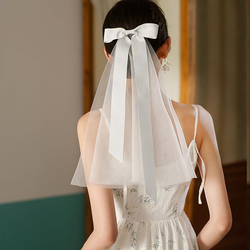 TUCEWP Bridal Veil for Women Girls White Wedding Veil Elegant Tulle Bow Hair Clips Long Big Bridesmaid Veil with Satin Bow Ribbo