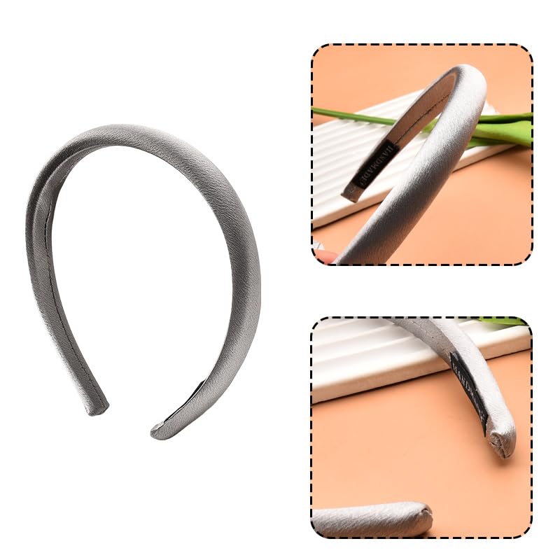 Silver Padded Headband Hairband Thin Satin Headbands for Womens Hair Silky Satin Hairband Headwear Headdress No Crease Padded He