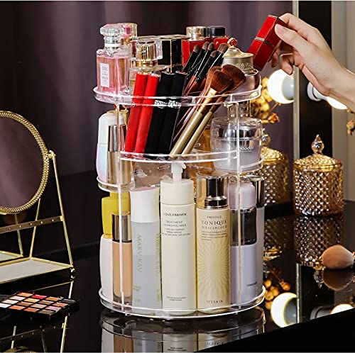 Cq Acrylic 360 Degree Rotating Makeup Organizer Countertop For Vanit,Adjustable Make Up Holder Height,Clear Plastic Spinning Ski