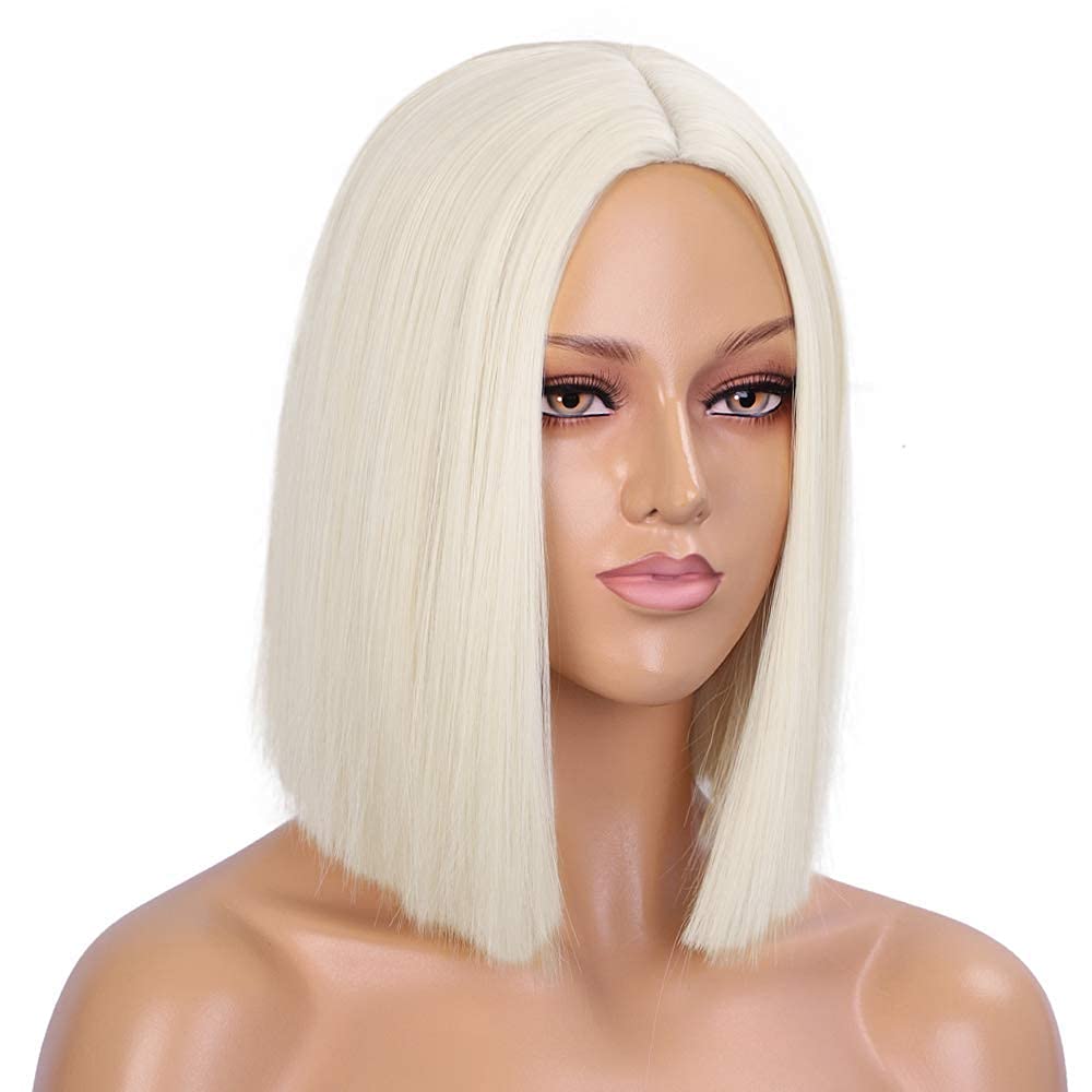 Entranced Styles Platinum Blonde Wig Straight Hair Short Bob Wigs For Women Middle Part Shoulder Length Synthetic Wig Cosplay Ha