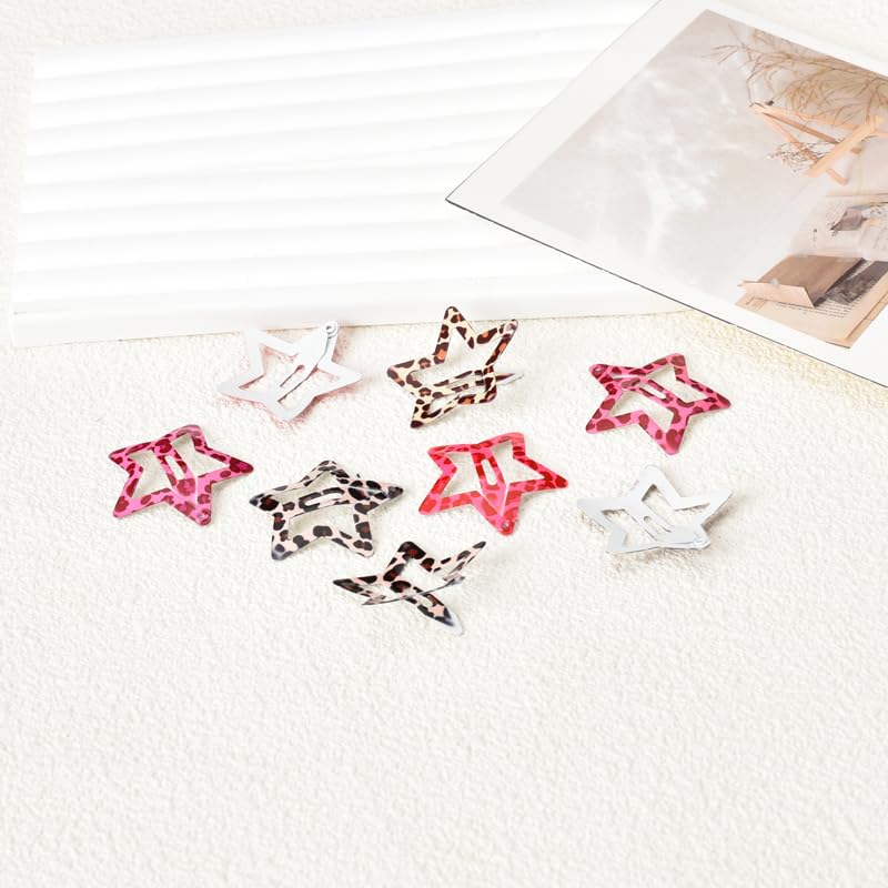 Star Snap Clips For Hair Y2K Pink Leopard Print Hair Clips Set Of 8 Metal Brown Cheetah Leopard Hair Barrettes Hairpins Headpiec