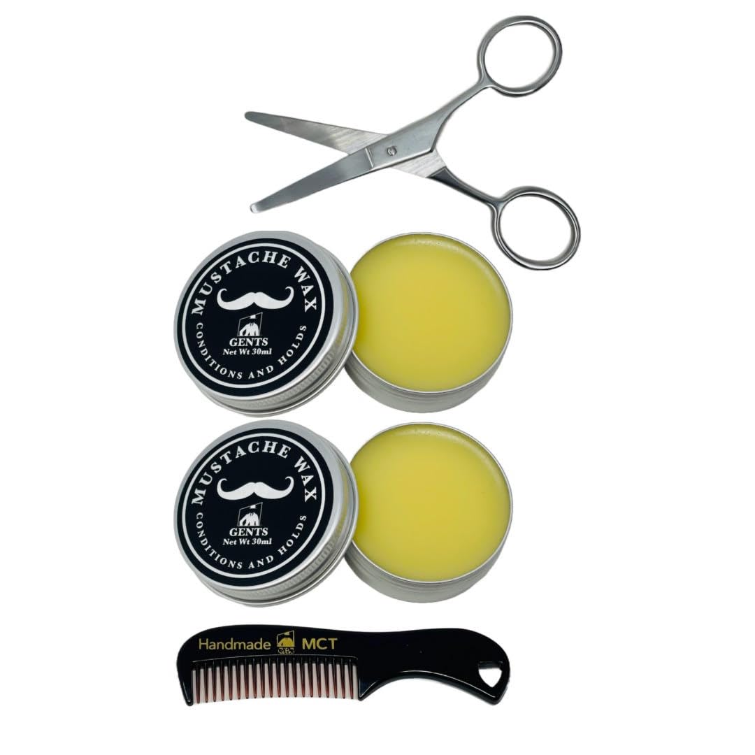 G.B.S Mustache Wax Extra Strong Hold Fragrance Free Inlcudes Handmade Mustache Comb and trimming scissors (2 Pack)