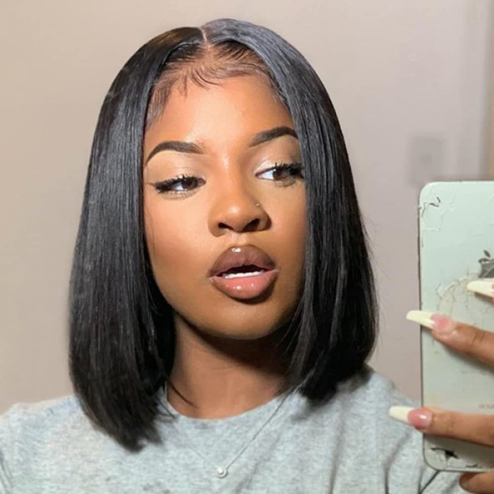 ISEE Hair Glueless Wear and Go Wigs for Beginners Lace Front Wigs for Black Women Human Hair Short Straight Bob Human Hair Wigs 