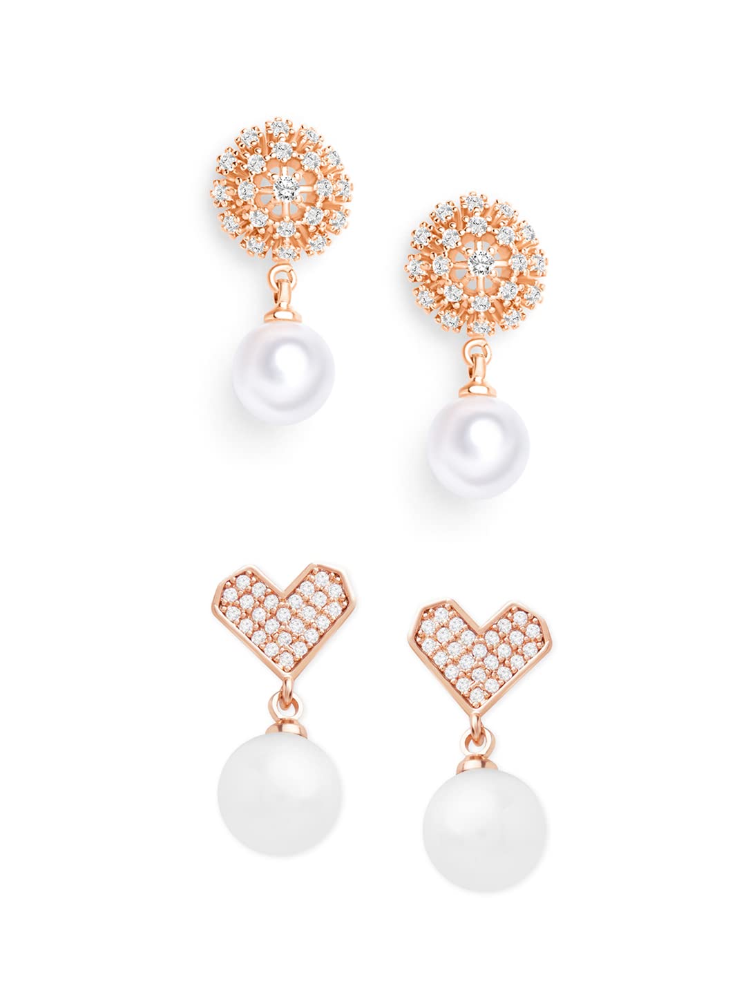 Zaveri Pearls Set Of 2 Rose Gold Cubic Zirconia Contemporary Drop Earrings For WomenZpfk13448