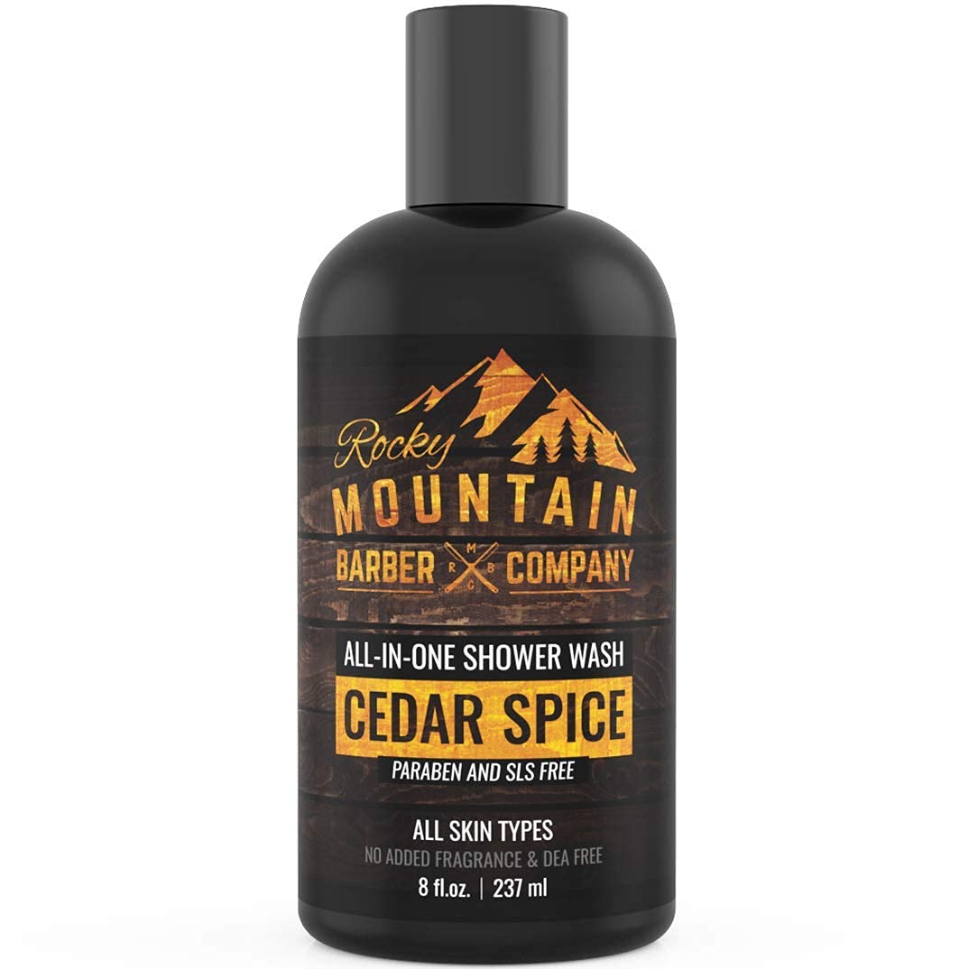 Rocky Mountain Barber Company Cedar Spice All-In-One Body Wash - Shampoo, Body Wash, Conditioner, Face Wash & Beard Wash With Es