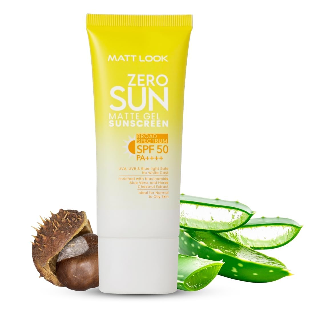 Zero SUN Matte Gel SPF 50 PA++ Sunscreen (UVA/UVB/Blue Light Safe) with Niacinamide, Aloe & HorseChestnut for Normal to Oily Sk