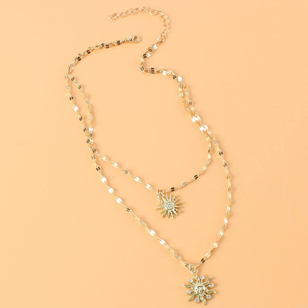 COLORFUL BLING Double Chains Moon and Sun Layered Choker Necklace Sunflower Opal Pendant Necklace Gift for Women-N double crysta