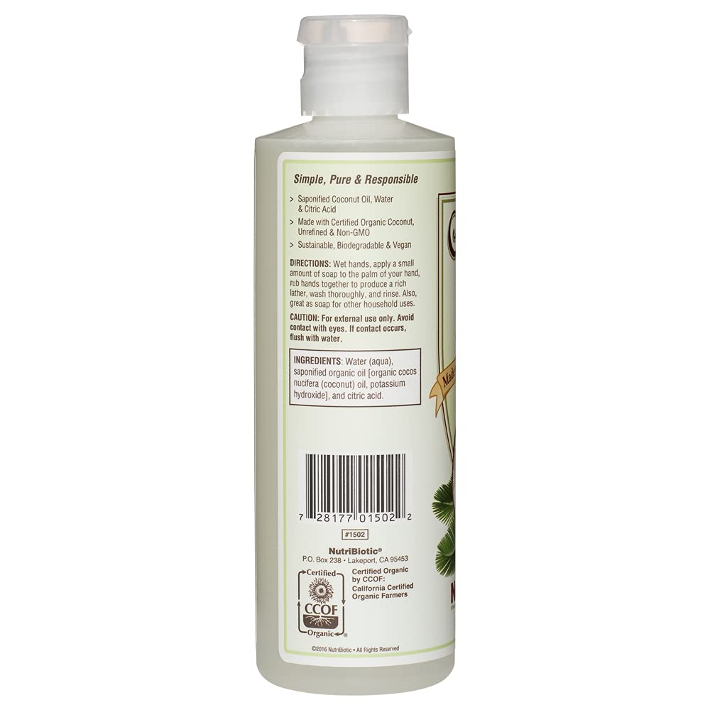 NutriBiotic - Pure Coconut Oil Soap, Unscented 8 Oz | Certified Organic, Unrefined, Biodegradable | Vegan & Made without GMOs, G