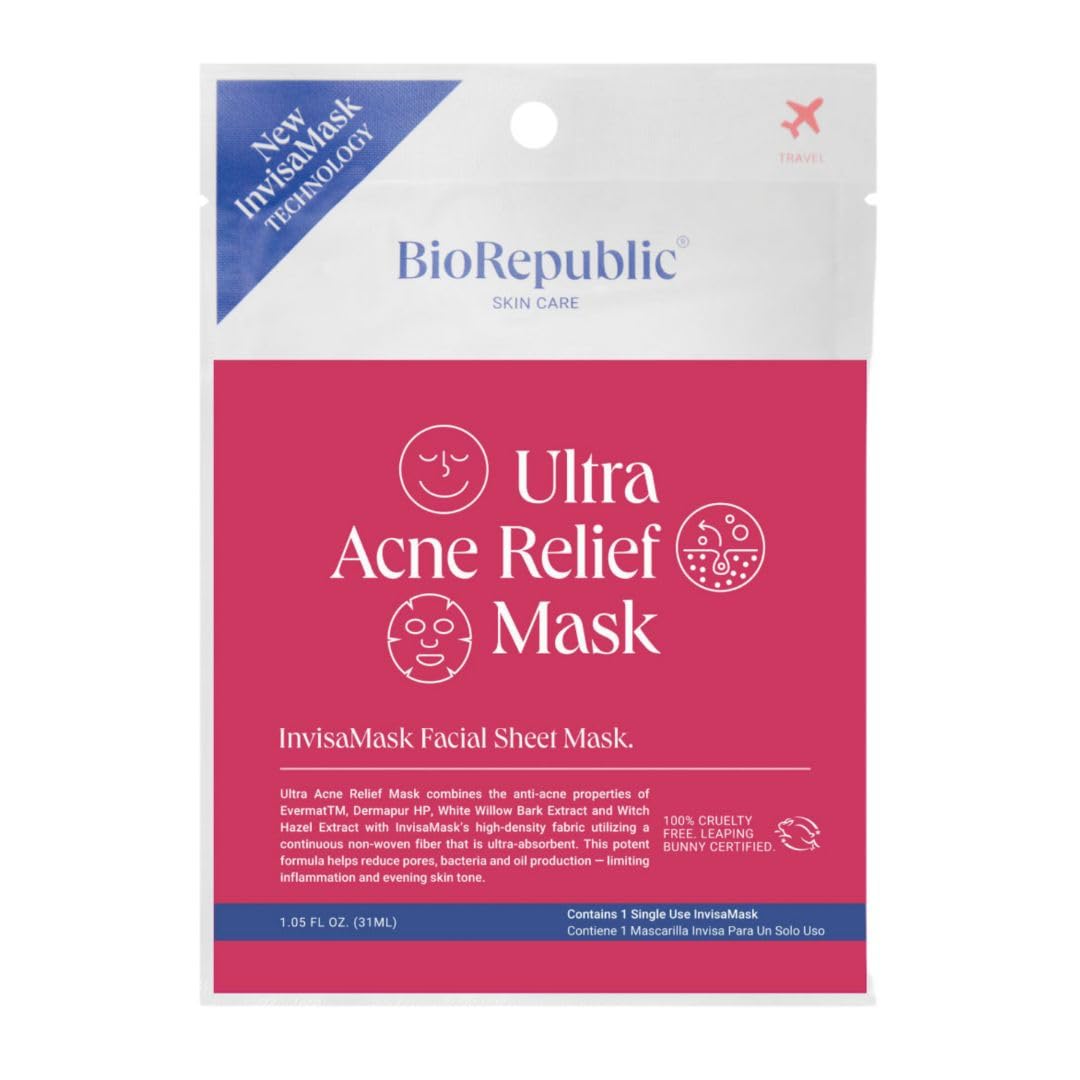 BioRepublic Ultra Acne Relief InvisaMask Sheet Mask  Clarifying Single Sheet Mask with Willow Bark, Witch Hazel & Evermat for O