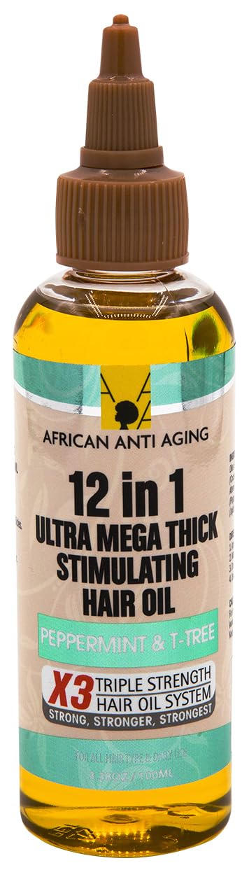 African Anti Aging 12 In 1 Ultra Mega Thick Stimulating Hair Oil Peppermint & TTree 3.38 Oz (Pack of 1)