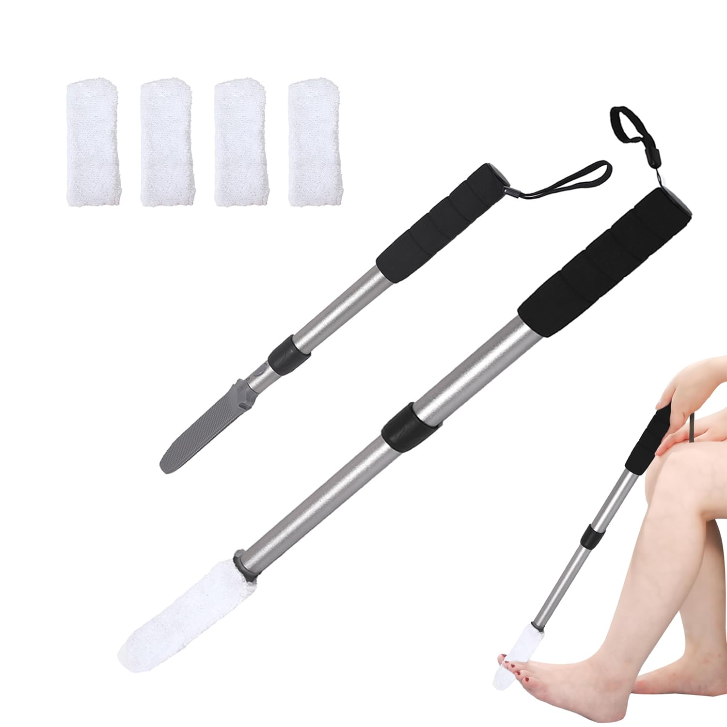EASACE Updated Toe Cleaning Brush Lotion Applicator with Long Handle, 18.529in, Plastic, White, 4 Reusable Drying Covers, for S