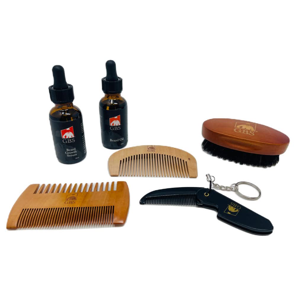G.B.S All Natural Beard Growth Serum and Beard Oil Set - Includes Wooden 2 Sided Beard Comb, Travel Boar Bristle Beard Brush, an