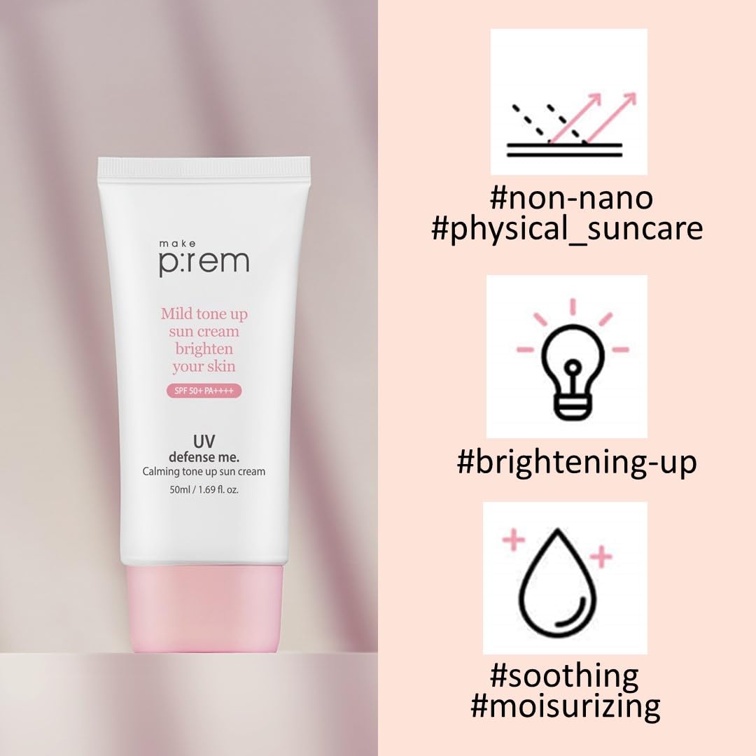 Make P:Rem Uv Defense Me. Calming Tone Up Sun Cream, Korean Sunscreen, Reef Safe Sunscreen, Non Nano Zinc Oxide, Chemical Free,