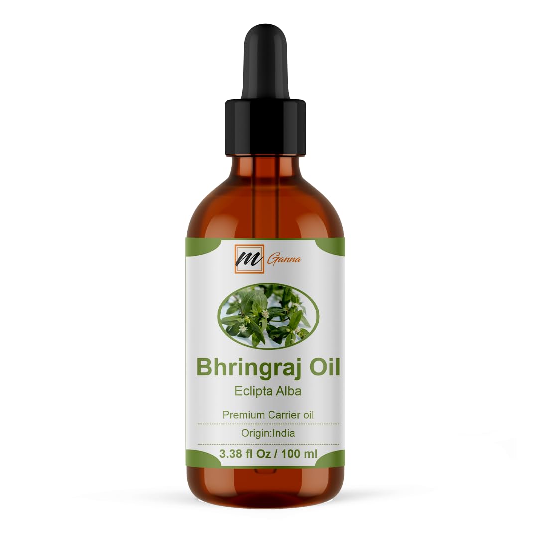 mGanna Natural Bhringraj Carrier Oil 3.38 Fl Oz / 100 ml for Skin Care, Hair Care, Scalp Massage & Body Massage Glass Bottle wit