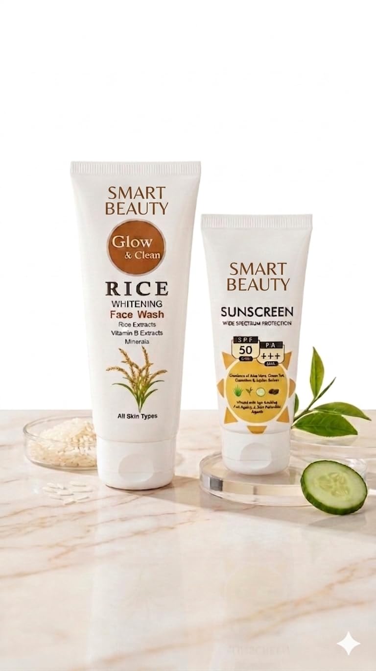 Smart Beauty Glow & Clean Rice Whitening Face Wash With Vitamin B Extracts & Mineral Formula + Spf 50 Pa+++ Sunscreen Combo | De