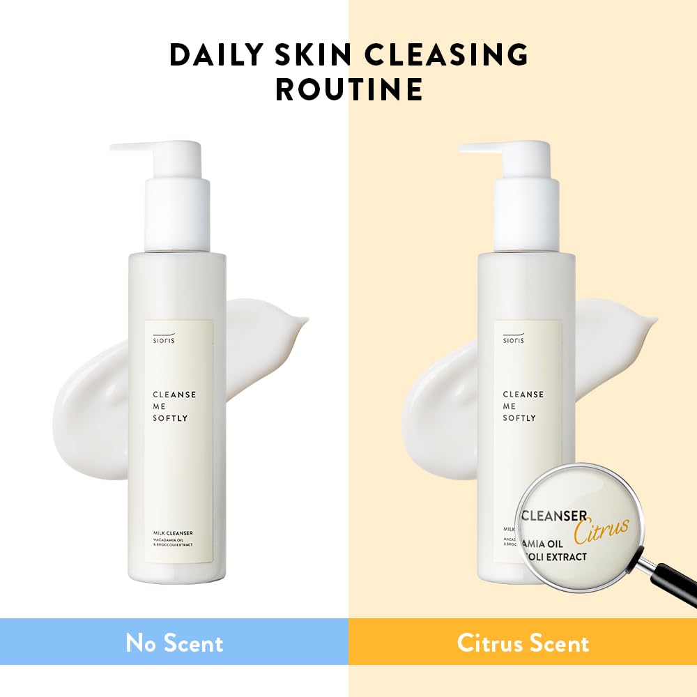Sioris Cleanse Me Softly Milk Cleanser, Vegan, Daily Gentle Skin Cleanser, Natural Citrus 62.6% Water, Macadamia Seed Oil, Clean