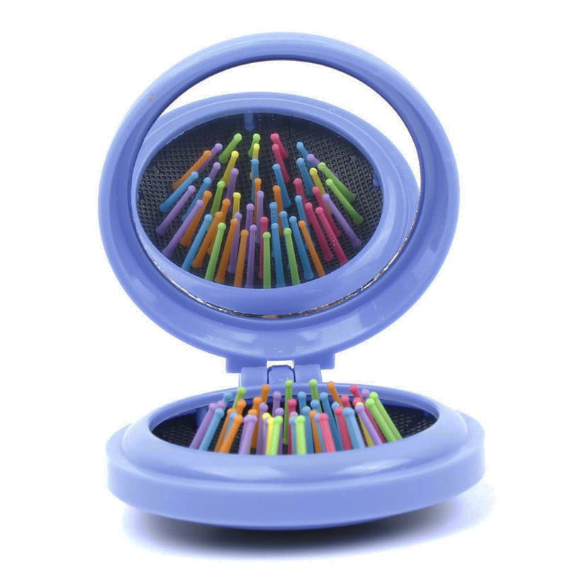 Frackosn Blue Round Travel Mini Hair Comb With Make Up Mirror Pocket Hair Brush Folding Hair Brush For Travel,Gift For Friends, 