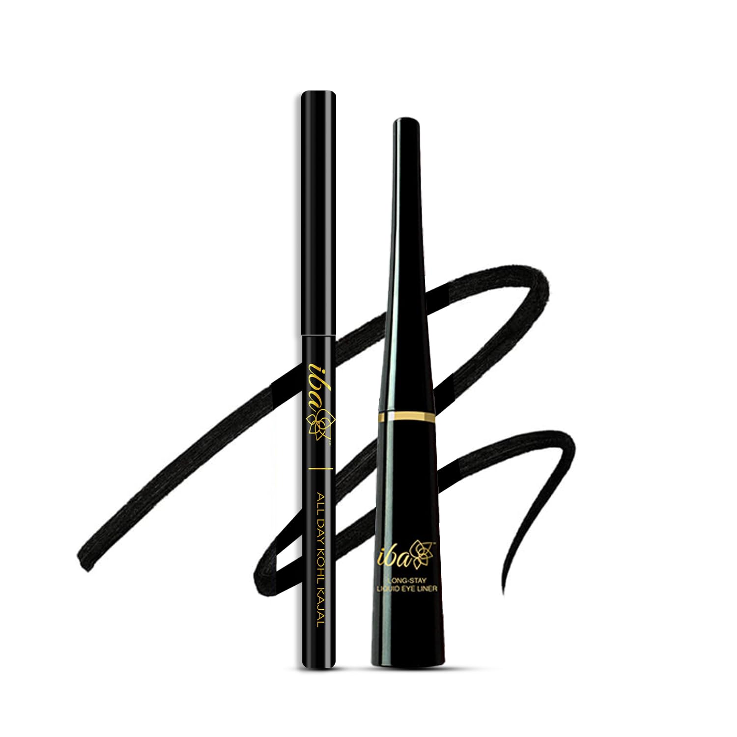 Iba Long Stay Liquid Eyeliner & All Day Kohl Kajal Daily Eye Makeup Combo (Black) - Matte Finish | One Stroke Application | Quic