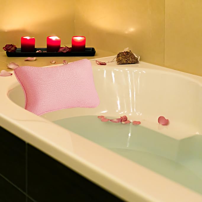 Bath Pillow For Tub, Non Slip With 2 Large Suction Cups, Breathable Soft, Comfortable Head Neck Support, Machine Washable (Pink)