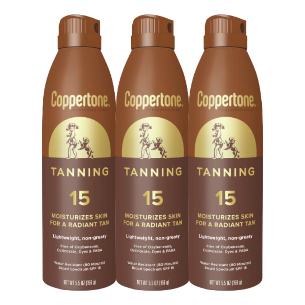Coppertone Tanning Sunscreen Spray with Broad Spectrum SPF 15, Water Resistant Spray Sunscreen, Lightweight and Non-Greasy, 5.5 Oz, Pack of 3-New Condition