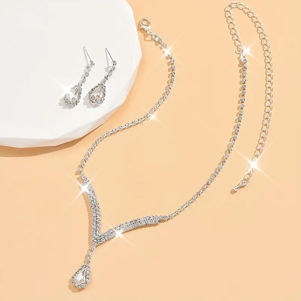 Unicra Bridal Wedding Jewelry Set Silver Rhinestone Necklace Earrings Sets Formal Costume Jewelry for Women and Brides (A-Silver