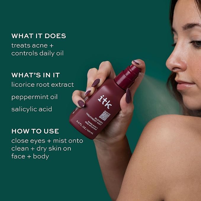 ITK Skincare 2% Salicylic Acid Spray - Acne Treatment for Face & Body, 3.3oz, Clear Blemish Mist for Post Workout