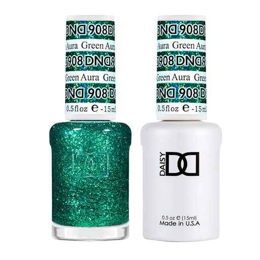 DND Gel Polish Set, Glitter Collection, UV Gel Polish and Air Dry Nail Lacquer, Matching Chip-Free Polish Duo, 908 Green Aura, 0