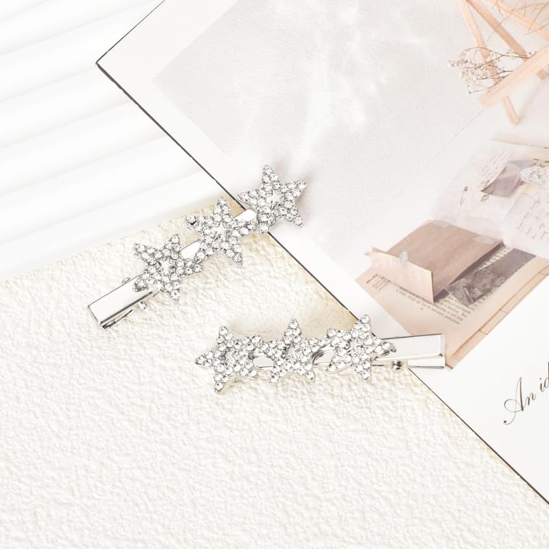 Star Hair Clips Silver Y2K Rhinestones Bling Bling Star Clip For Hair Alligator Clips Barrettes Hair Pins Non Slip Metal Side Ha