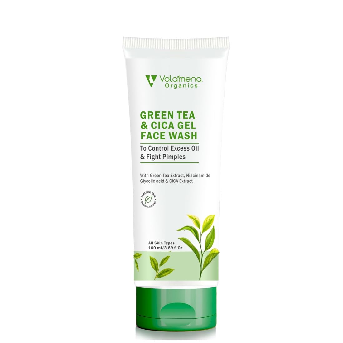 Volamena Organics Green Tea & Cica Gel Face Wash With Green Tea Extract, Niacinamide To Control Excess Oil & Fight Pimples, 100 