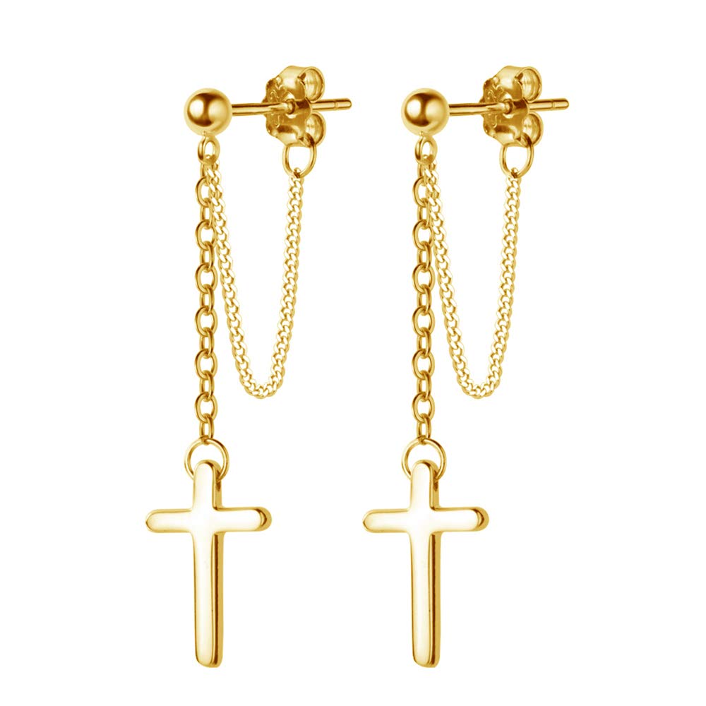 Cross Dangle Drop Earrings 925 Sterling Silver Chain Dropping for Women Girls Punk Ball Studs Hypoallergenic Jewelry (Gold Plate