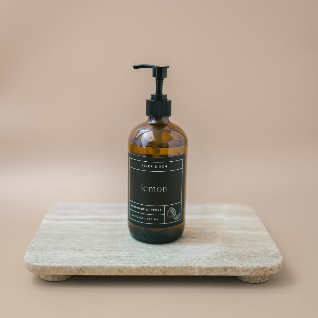 River Birch Lemon Scented Natural Hand Soap - Handmade Hand Soap - Moisturizing Hand Wash With Amber Glass Dispenser - Luxury Sc