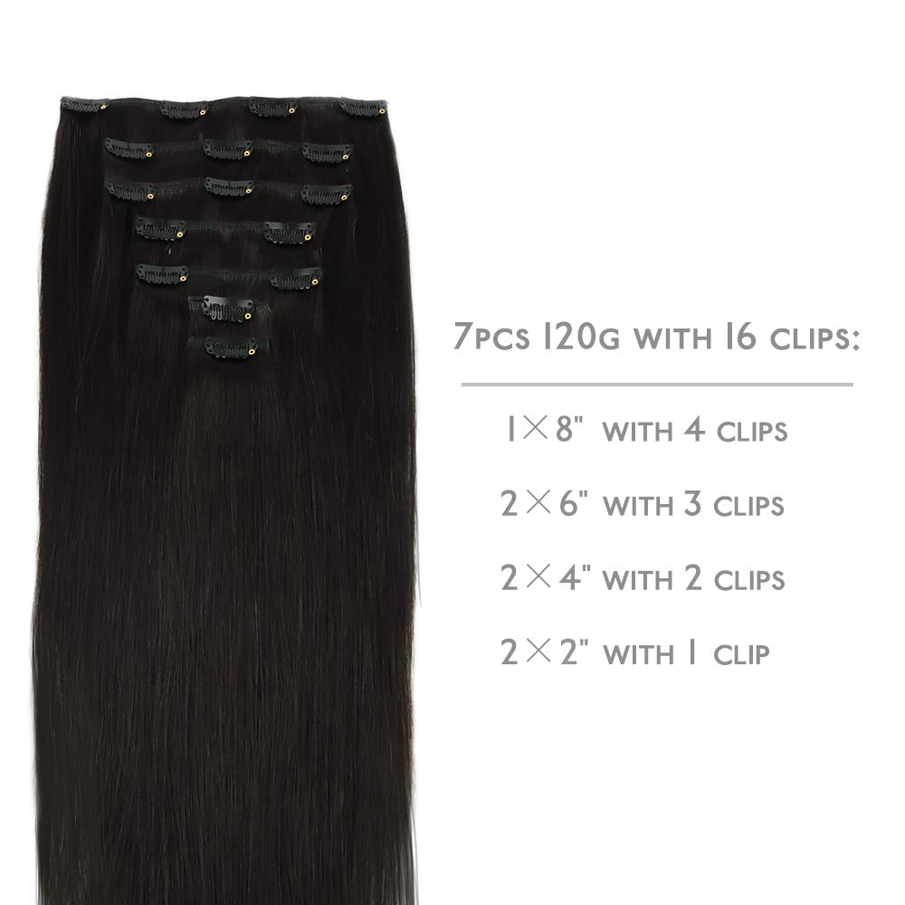 Wennalife Clip In Human Hair Extensions, 16 Inch 120G 7Pcs Natural Black Hair Extensions Clip In Human Hair Remy Clip In Hair Ex
