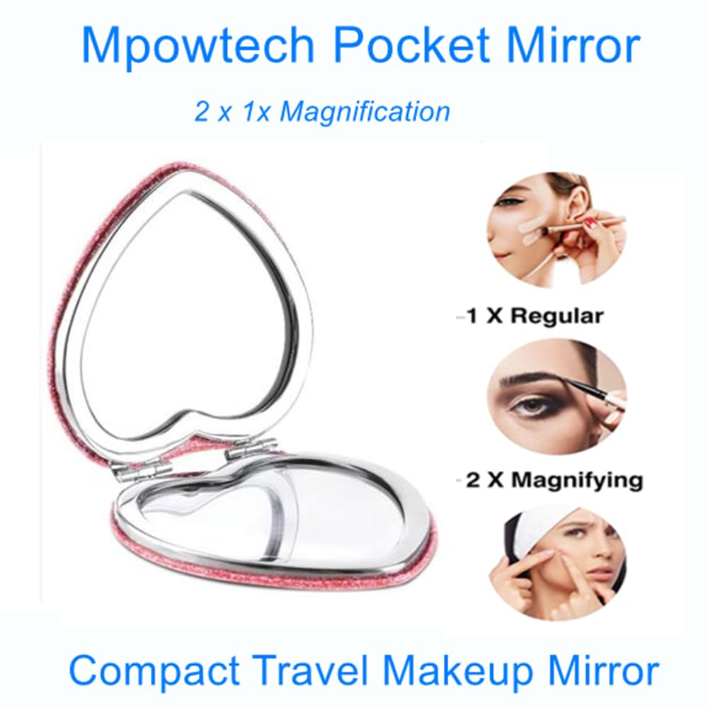 Mpowtech Cute Heart Shaped Compact Mirror For Women,Magnifying Travel Mirror With Glitter,Pink Small Pocket Mirror,Portable 2 X