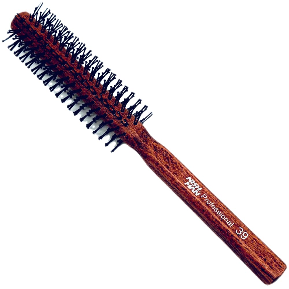 NISHMAN Round Brush 10 Rows 15/39 mm Nylon Bristles Wooden Body