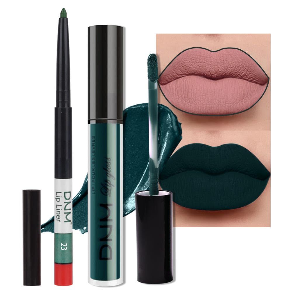 Evpct 2Pcs Matte Dark Green Lipstick And Lip Liner Gloss Makeup Set Dnm Matt Matte Liquid Lipstick Long Lasting Set 24H And With