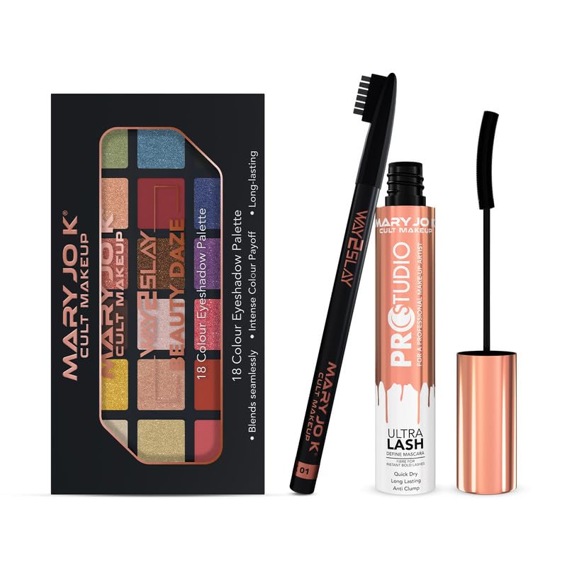 Mary Jo K Monochrome Eyes Combo With Eyeshadow Palette, Tubing Mascara & Eyebrow Pencil  Complete Eye Makeup Kit