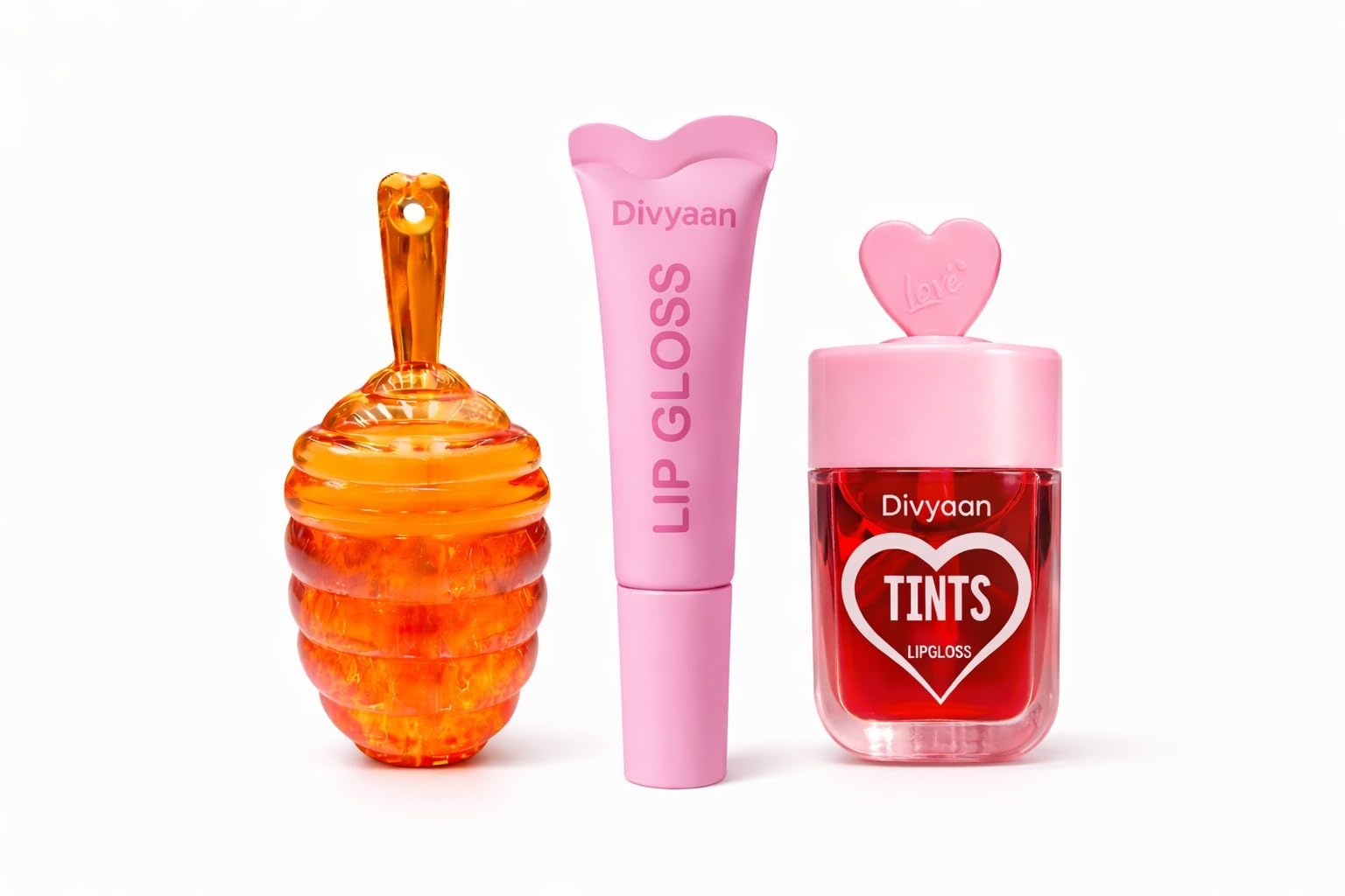 Asthetic Kawaii Lip Gloss Combo Set Of 3 | Cute Honey, Heart & Tube Shape | Ph Color Changing Lip Tint | Natural Pink Shine | Fl