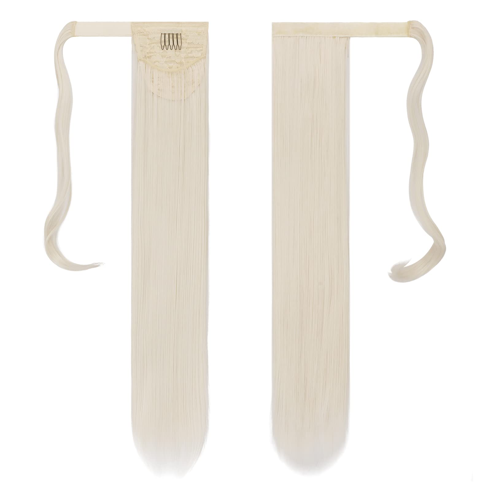 Feshfen Straight Long Ponytail Extensions 28 Inch Ash Platinum Blonde Wrap Around Synthetic Hair Piece Pony Tail Hair Extensions