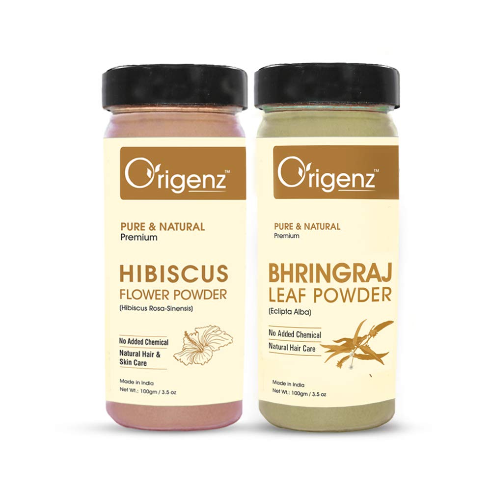 Origenz Natural Hair Care 2 Powders Combo 200 Gm  Hibiscus And Bhringraj Powder For Mask, Pack, AntiDandruff, Shine | In Jar (