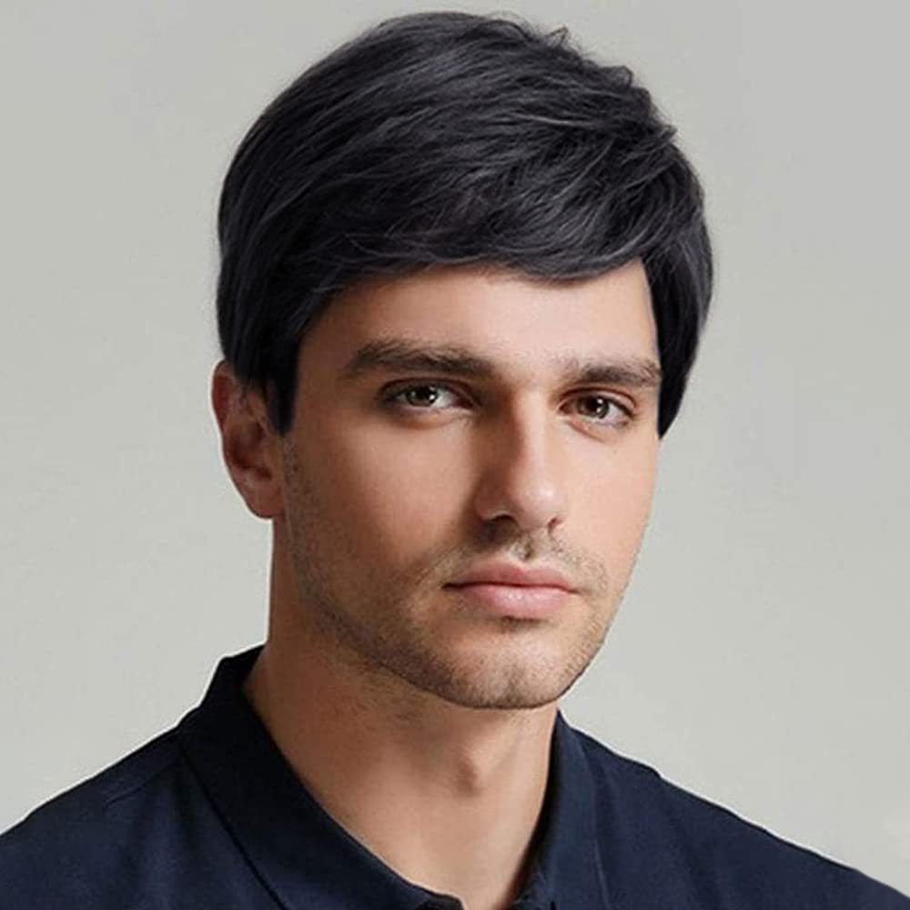QUEENTAS Mens Wig Short Hair, Mens Hair Replacement Wigs Mens's Black Wig for Men Hair Full Wig for Male Guy Christmas Costume P