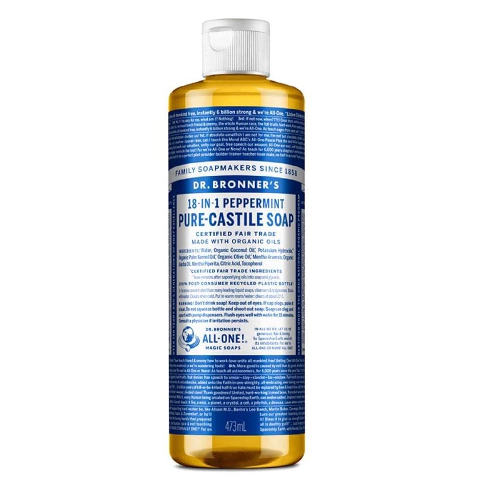 Dr Bronneras - Pure-Castile Liquid Soap (Peppermint, 16 Ounce) - Made With Organic Oils, 18-In-1 Uses: Face, Body, Hair, Laundry