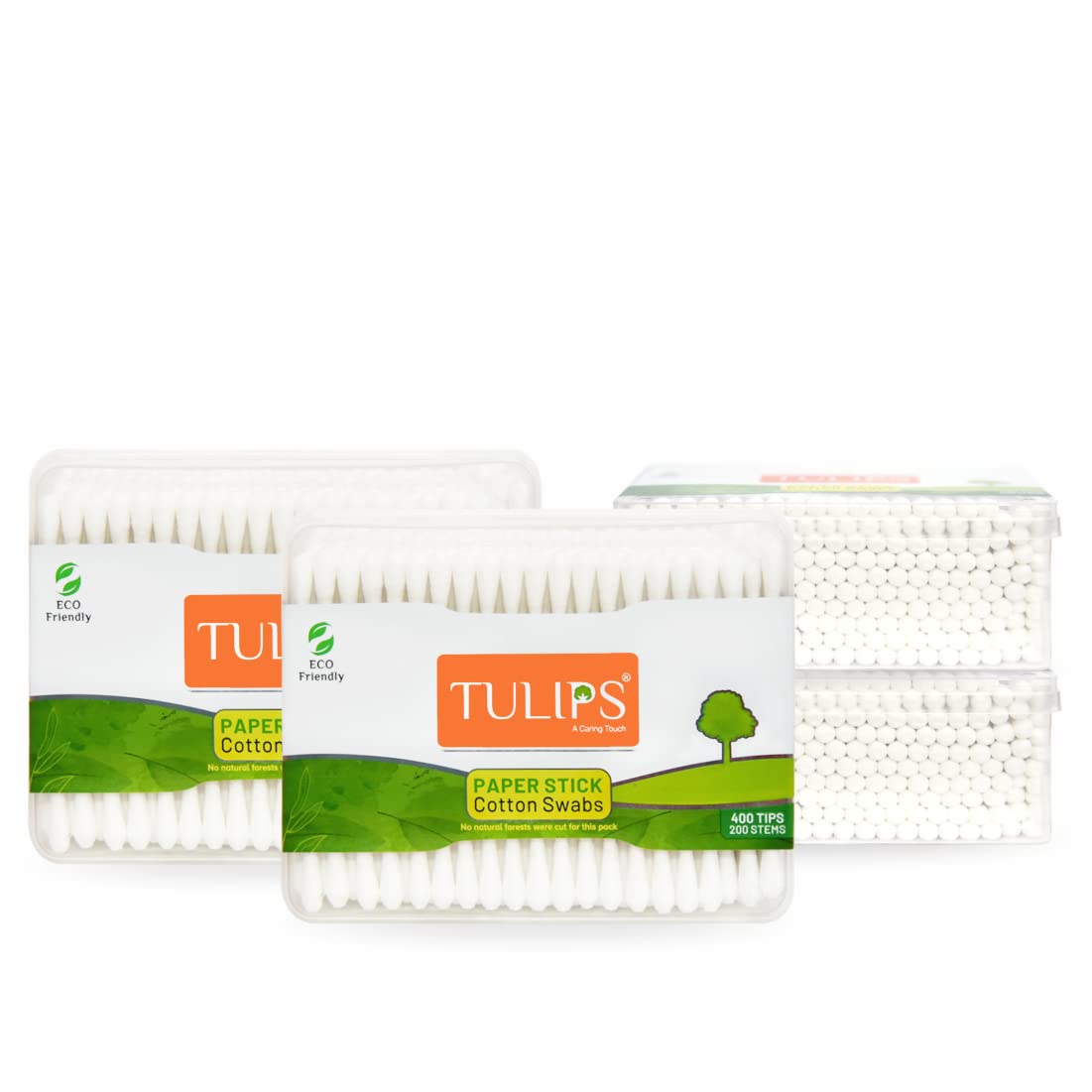 Tulips Cotton Ear Buds/Swabs (Pack Of 4) With White Paper Sticks 200/400 Tips In A Flat Box