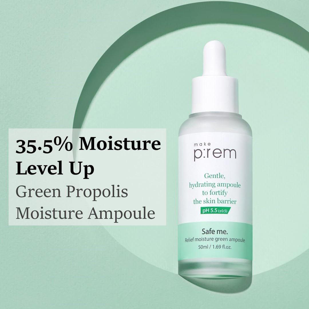 MAKE P:REM Safe Me. Relief Moisture Green Ampoule, Hydrating & Soothing Facial Serum for Sensitive Skin, Enhanced Skin Barrier C