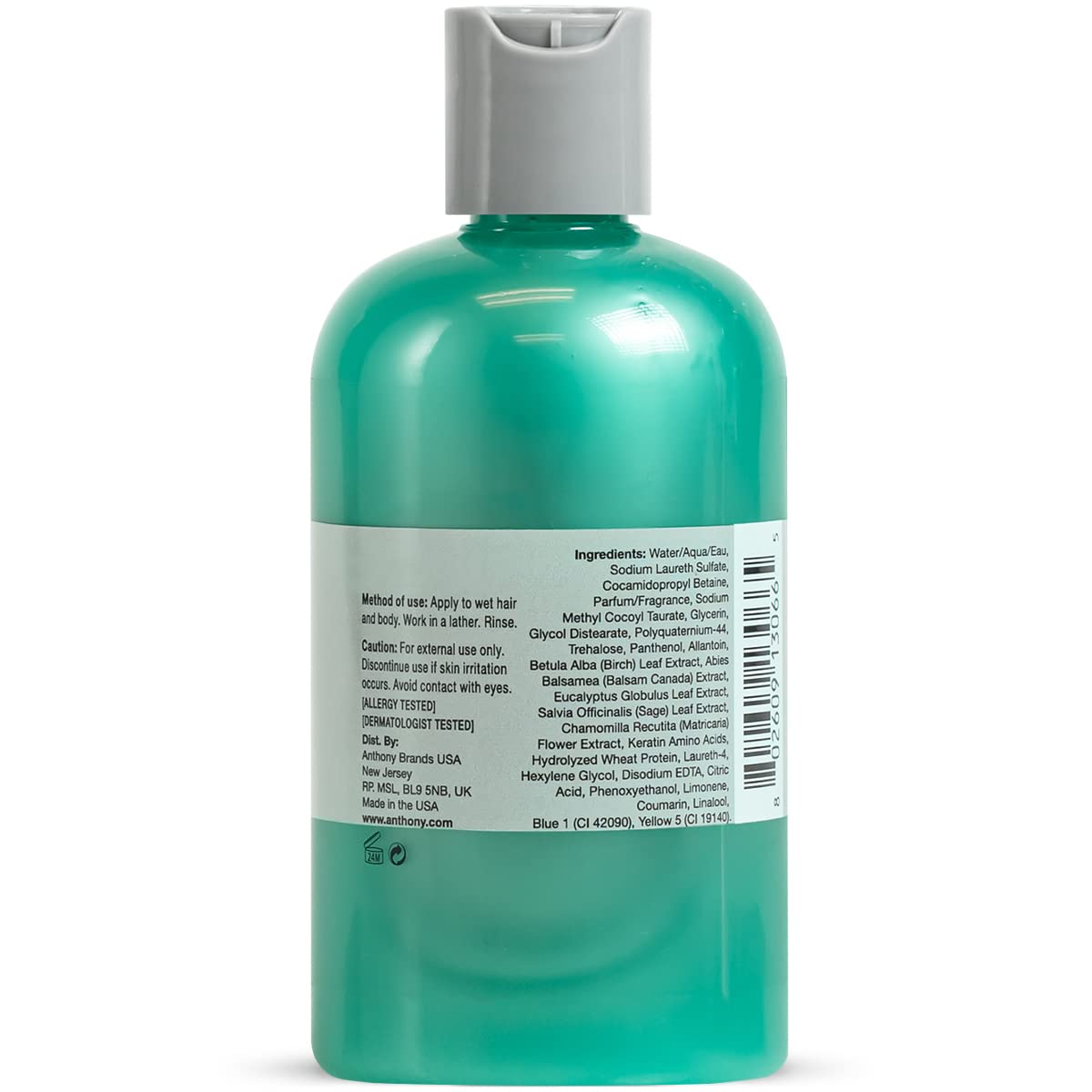 Anthony Mens Body Wash and Shampoo: Invigorating Rush 2-In-1 Liquid Gel Soap & Hair Shampoo - Pine Wood Scent Contains Eucalyptu