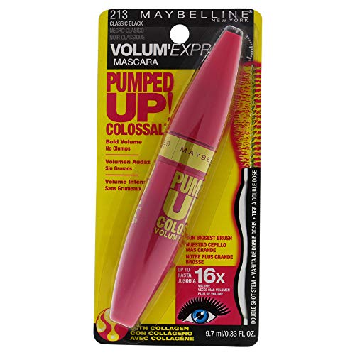 Maybelline Volum Express Pumped Up Colossal Mascara, Washable Formula Infused With Collagen For Up To 16X Lash Volume, Classic B