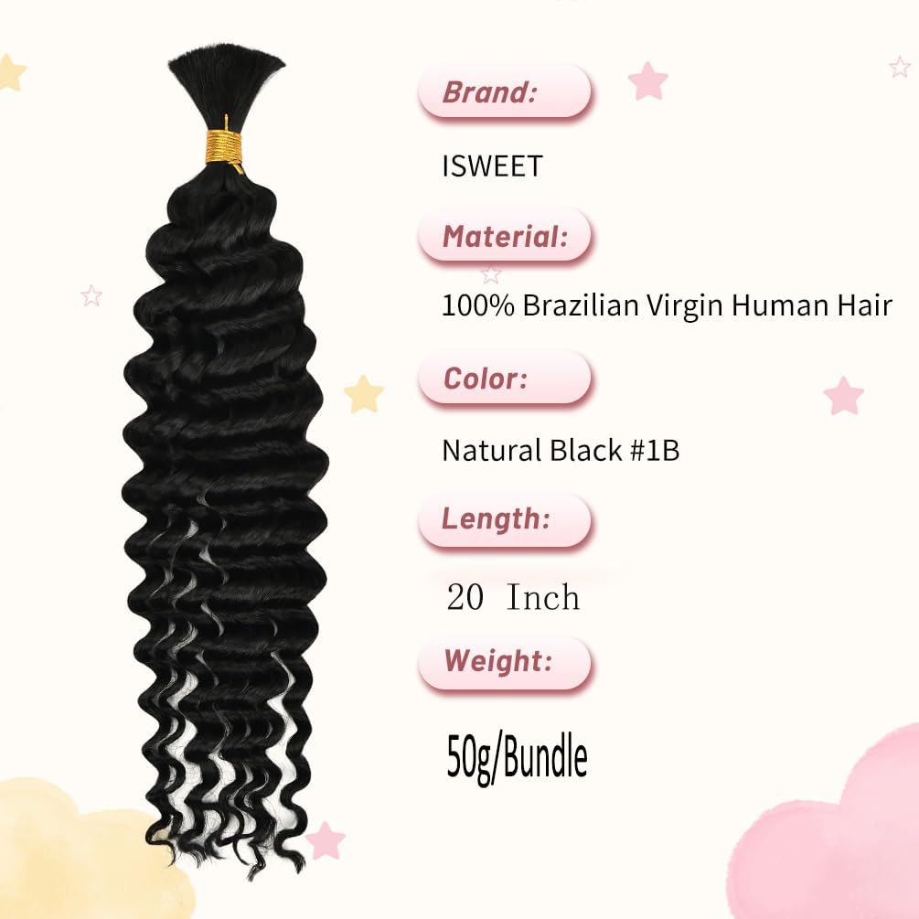 Selina 20 Inch Human Braiding Hair Bundle 50g Loose Deep Human Hair for Braiding Brazilian Virgin Hair Natural Black Color
