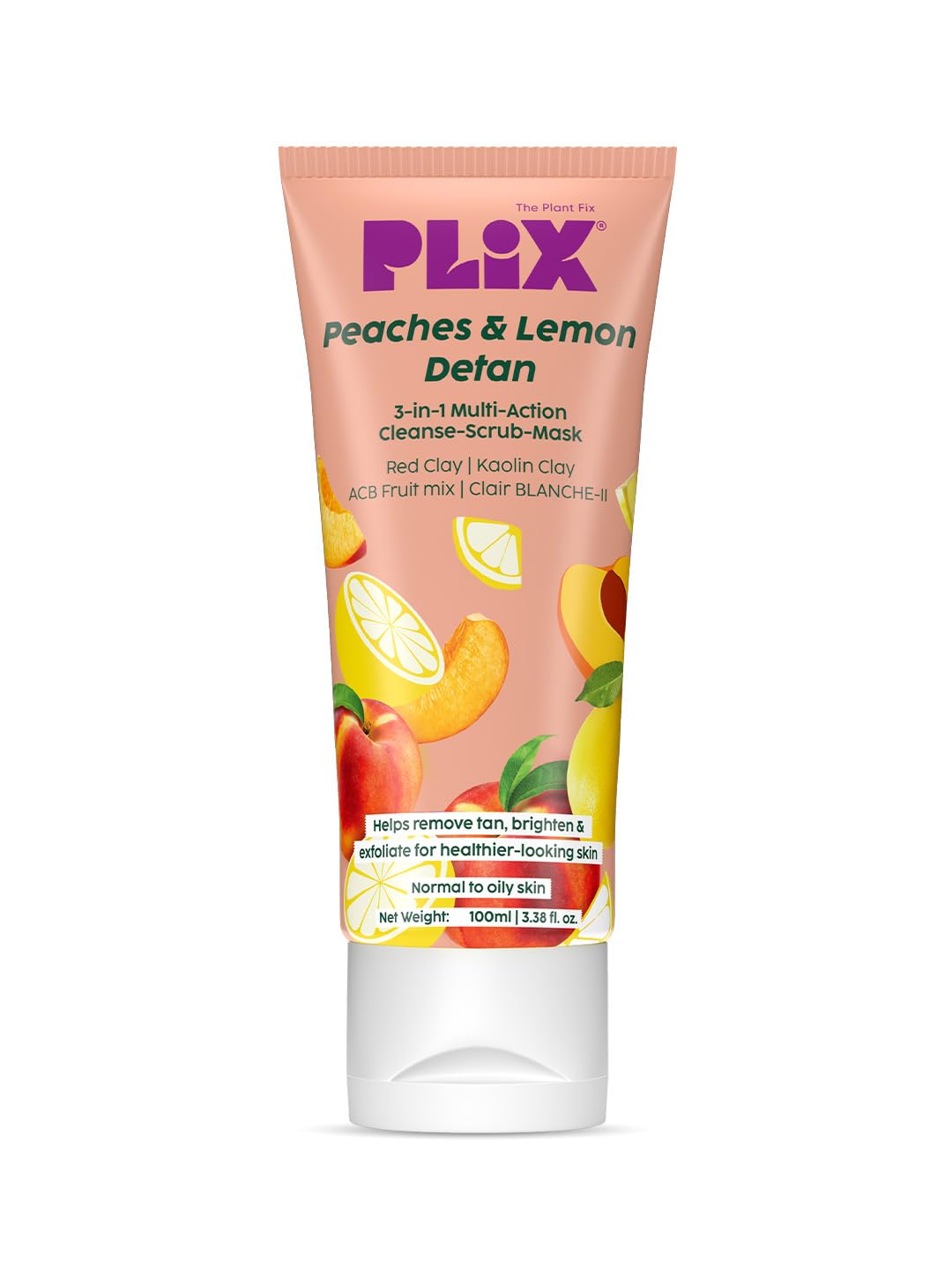 Plix - The Plant Fix Peaches & Lemon 3-In-1 Detan Face Wash, Scrub & Mask | Red Clay & Kaolin Clay | Clair Blanche-Ii | Controls