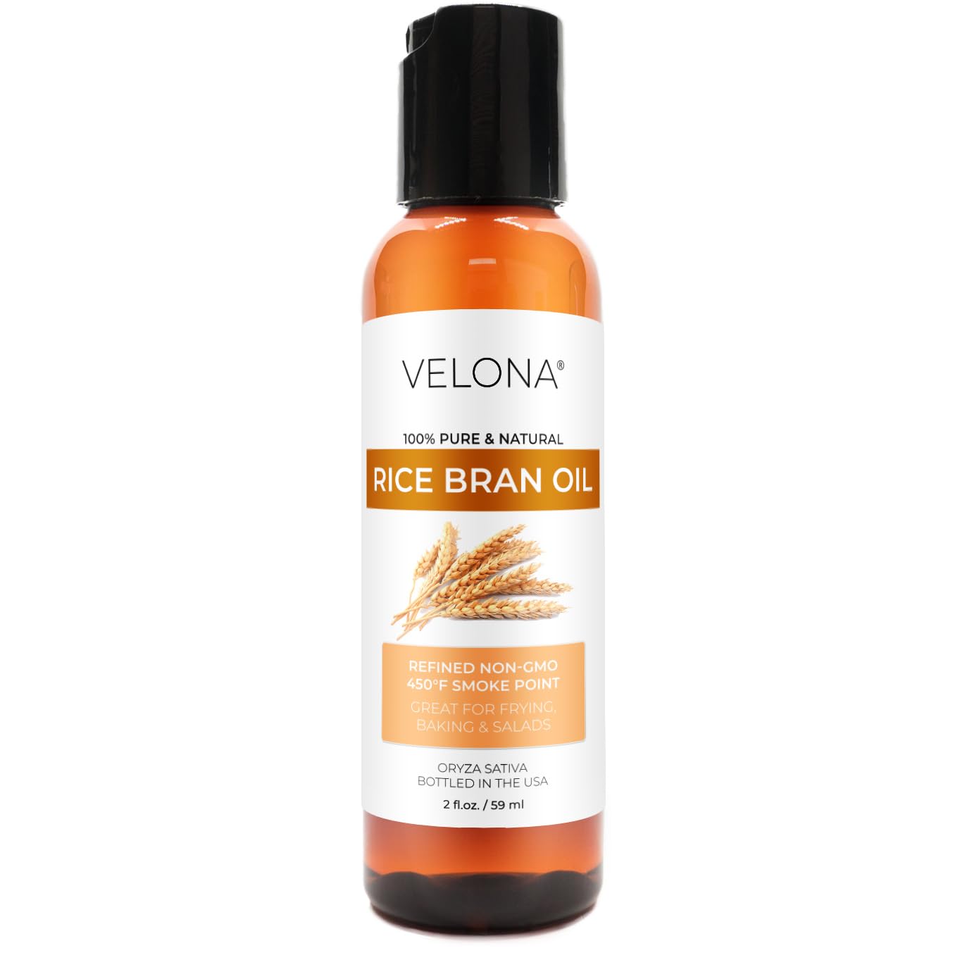 Rice Bran Oil by Velona - 2 Fl Oz | 100% Pure and Natural Carrier Oil | Refined, Cold Pressed | Cooking, Face, Hair, Body & Skin